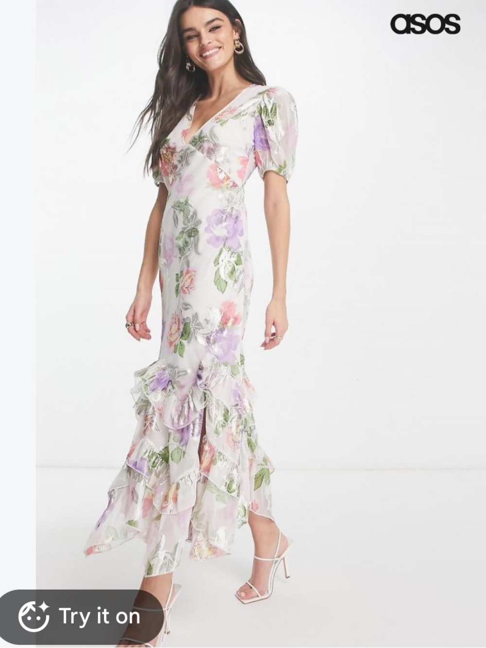 ASOS Floral Metallic Dress Short Sleeve US 12